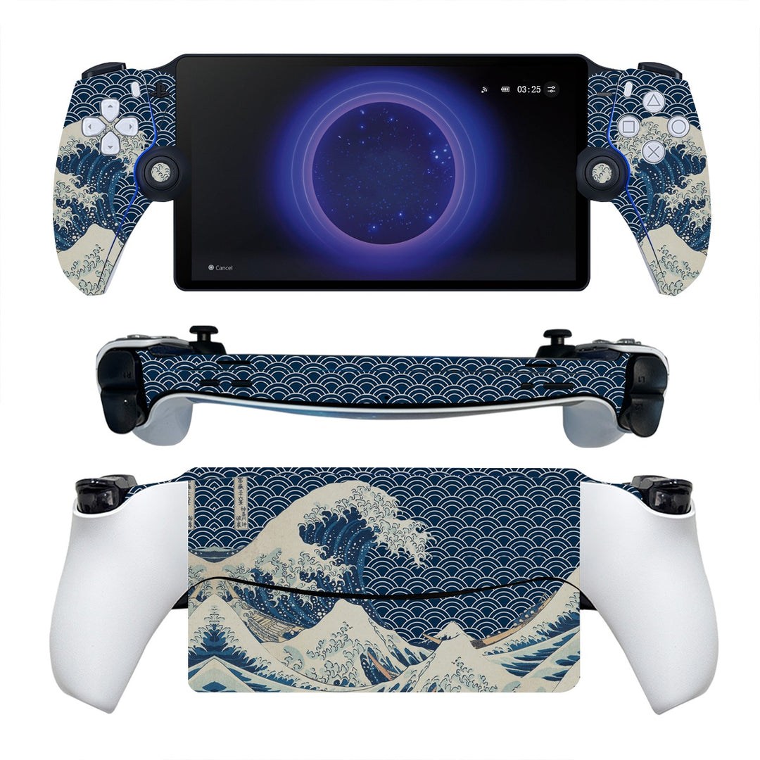 A PlayStation Portal Protector Skin featuring a vibrant design inspired by the iconic 'Great Wave' painting. The skin showcases powerful waves in shades of blue and white, creating a dynamic and visually striking pattern for PlayStation consoles