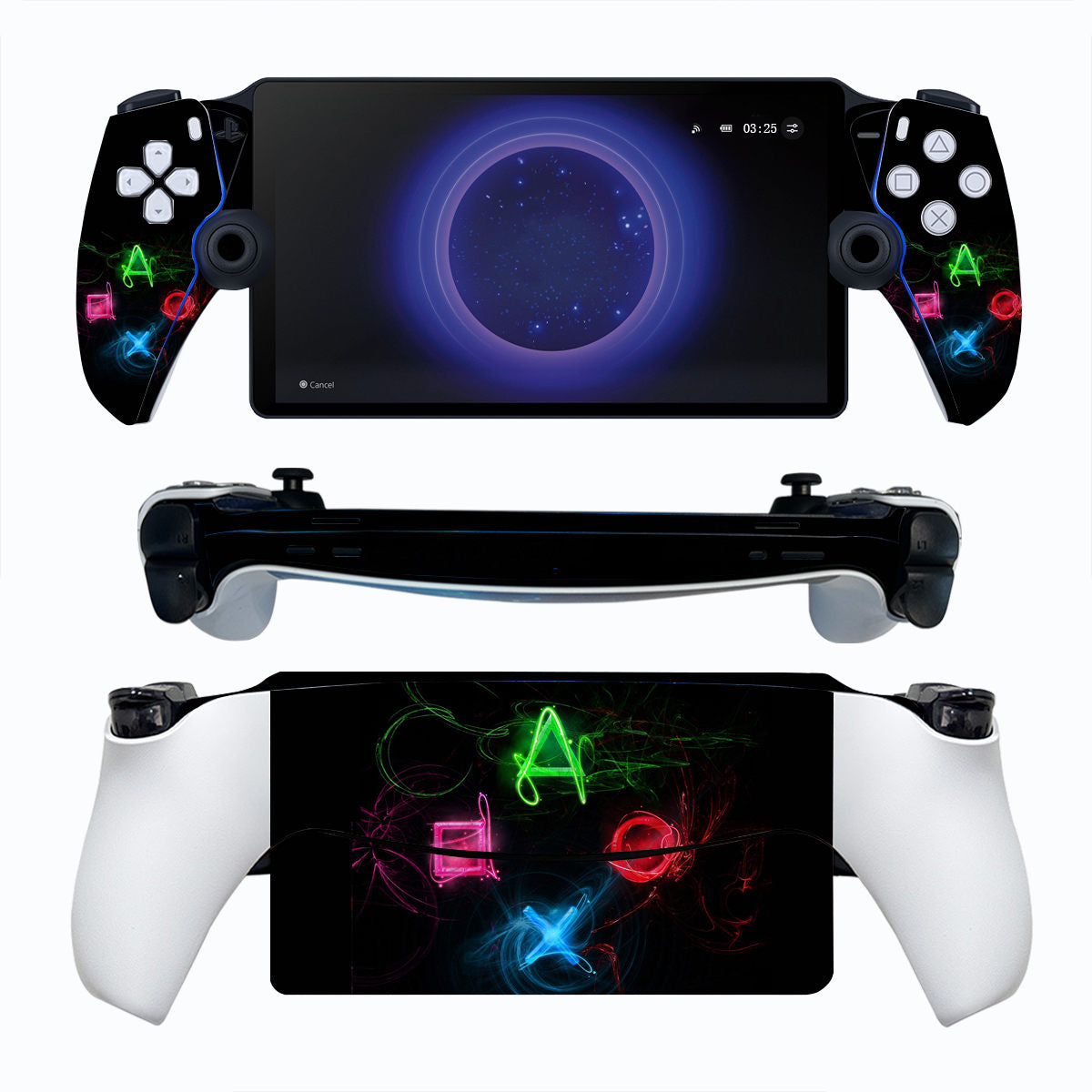 A PlayStation Portal Protector Skin adorned with iconic PlayStation symbols. The skin features the classic triangle, circle, square, and cross buttons in a stylish arrangement, creating a sleek and recognizable design for enhancing your PlayStation console
