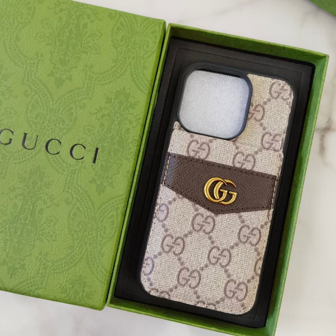 Luxury GUCCI iPhone Case with Card Holder in Black Leather