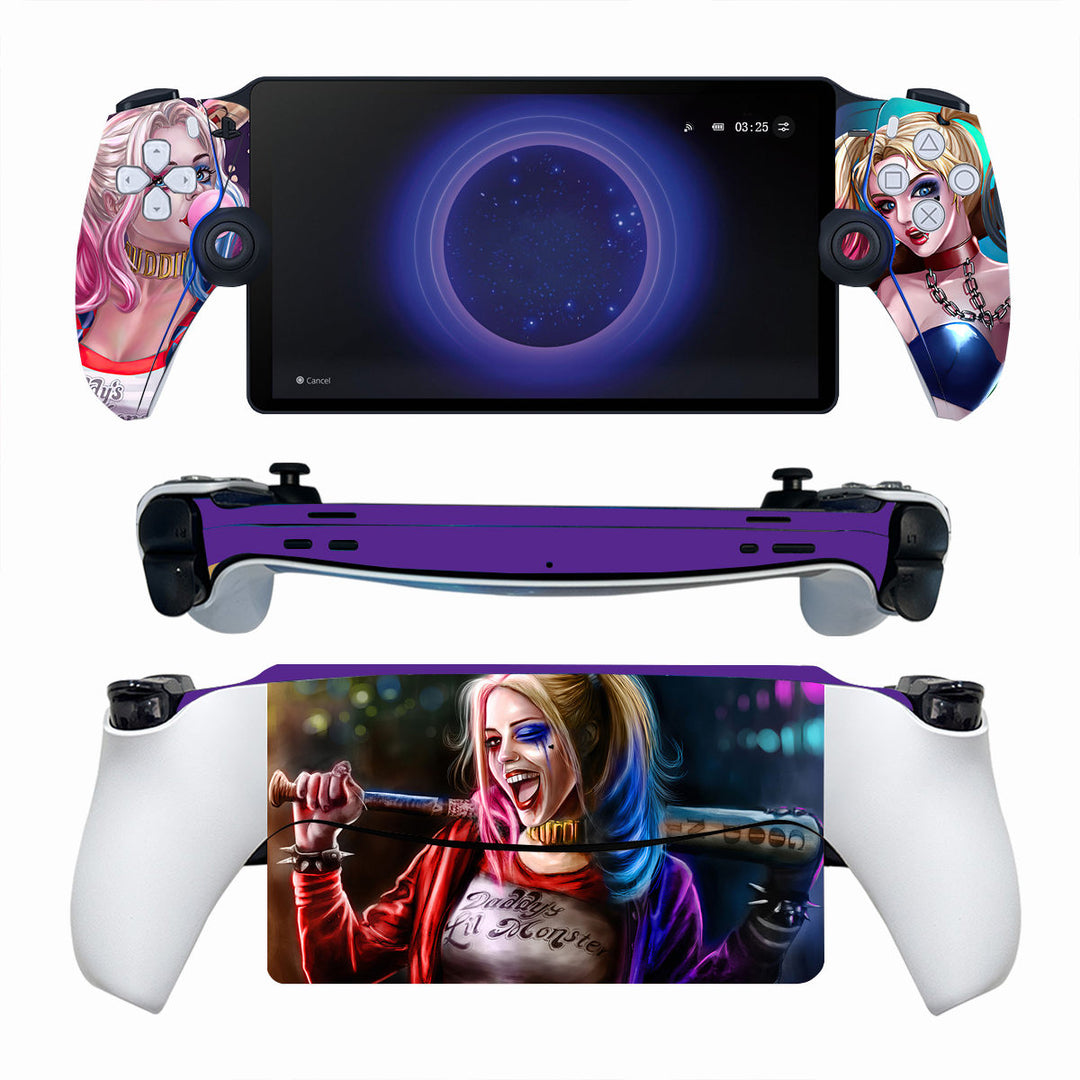 A vibrant and edgy Harley Quinn-inspired PlayStation Portal Protector Skin, featuring the iconic character's signature style for a bold and protective gaming accessory.
